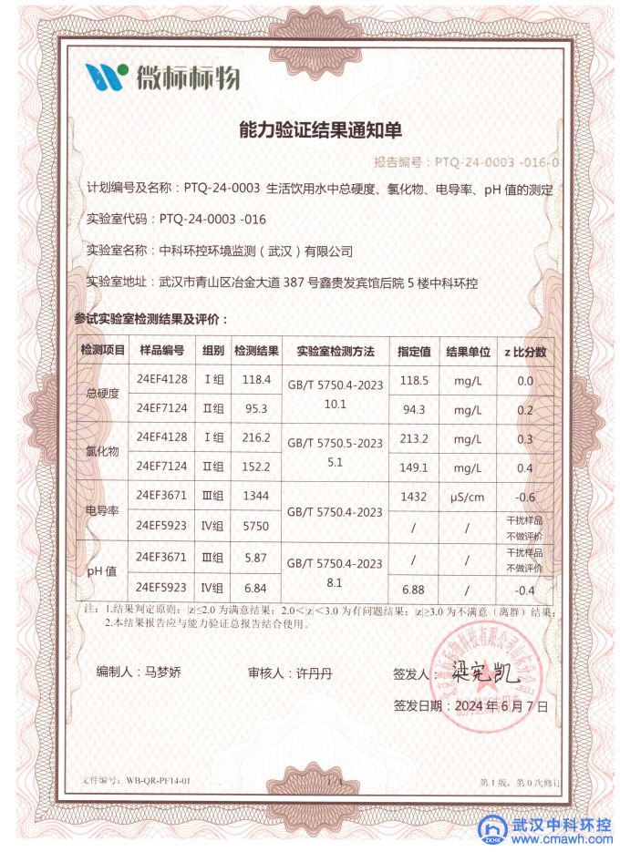 2024年生活飲用水能力驗證結(jié)果滿意